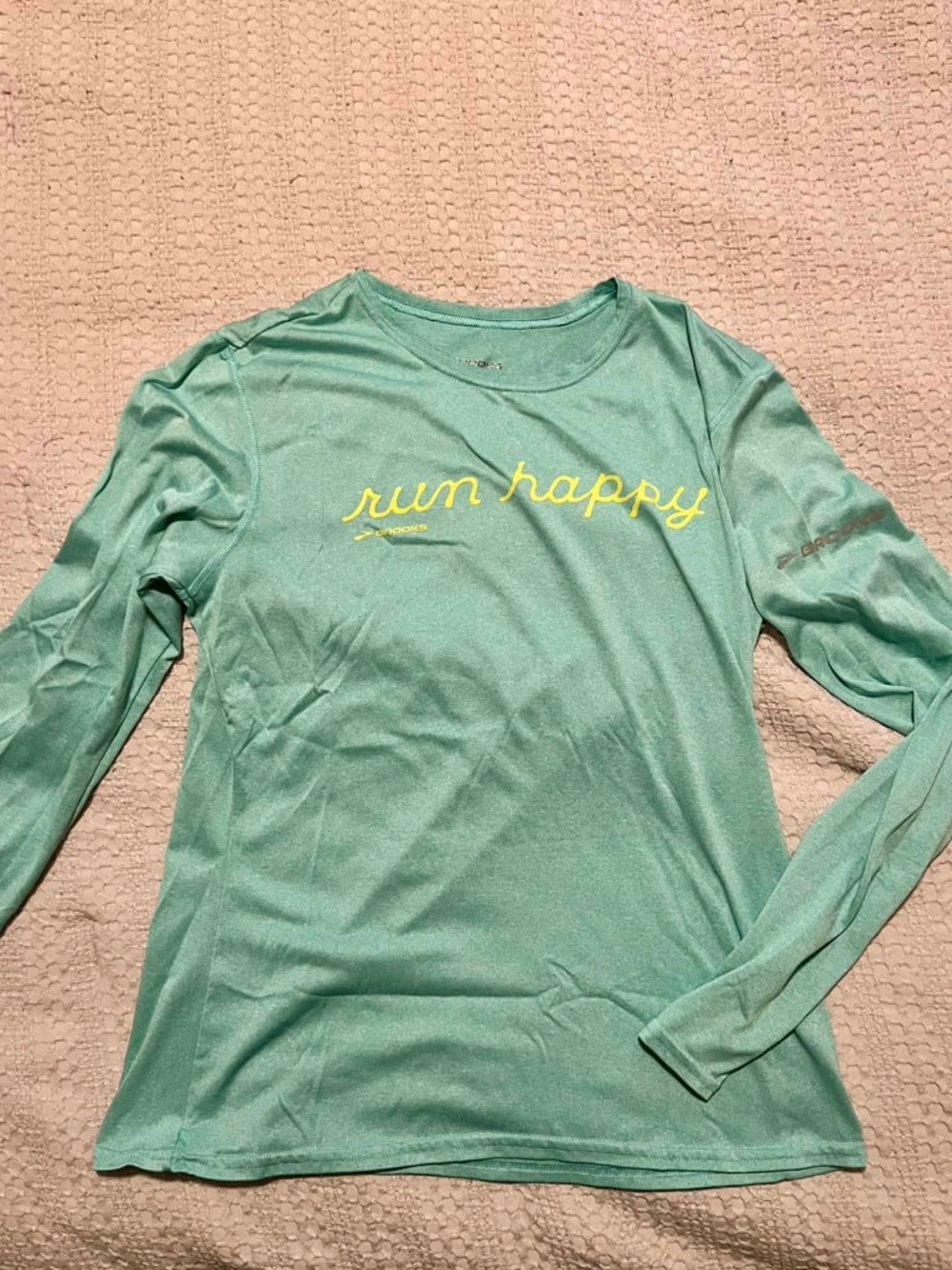 Brooks Run Happy Long Sleeve Tee in Seafoam Green with Yellow Script